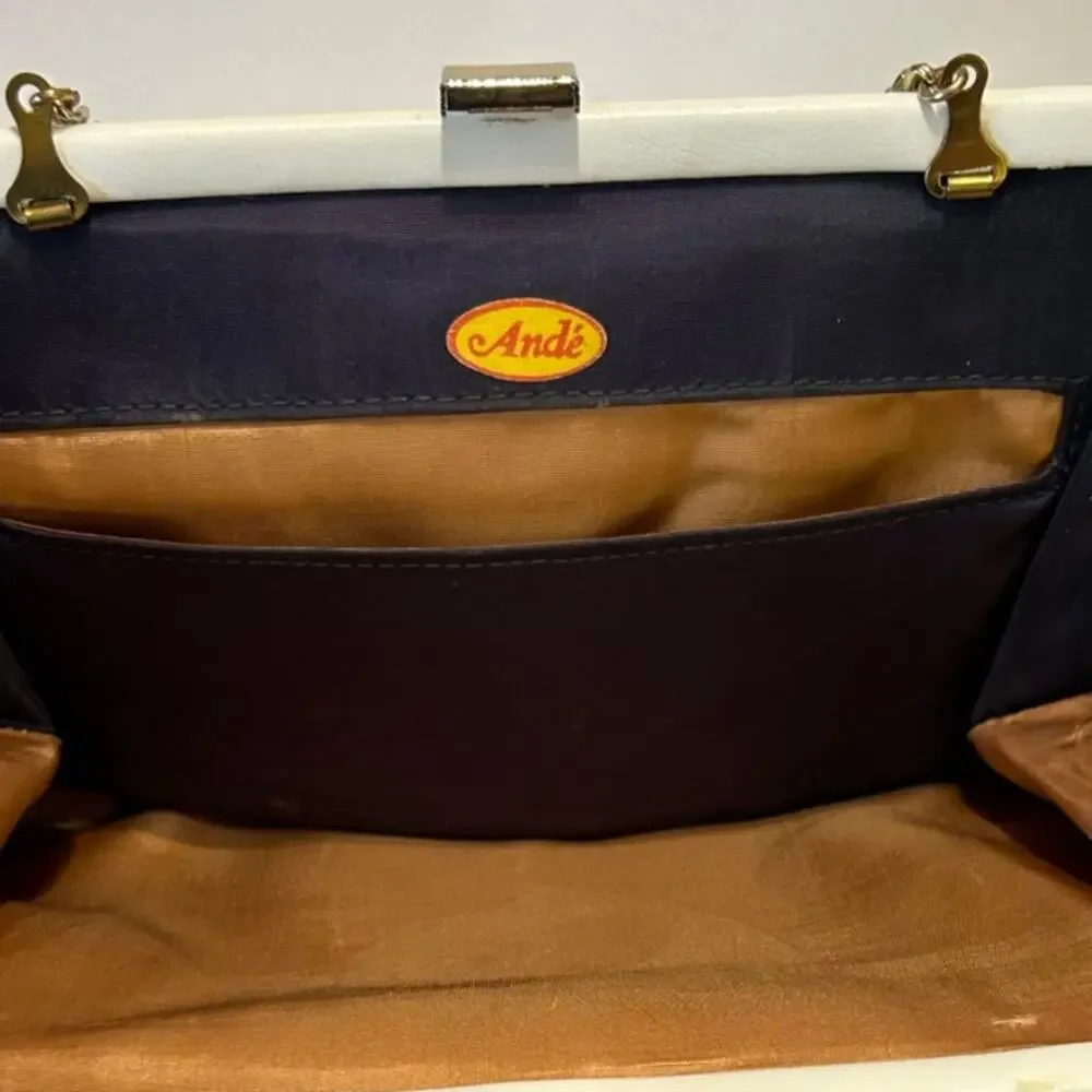 Vintage 60s/70s White Leather Clutch With Gold Chain And Accents